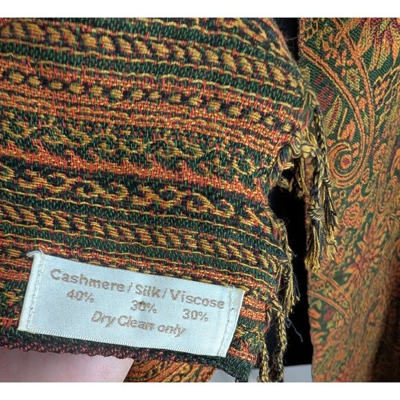 Vintage Green & Orange Floral Paisley Cashmere Blend Pashmina Shawl Scarf Wrap - Picture 5 of 5